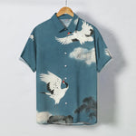Buddha Stones Flying White Crane Cloud Pattern Buttons Wrinkle-resistant Men's Short Sleeve Shirt