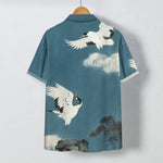 Buddha Stones Flying White Crane Cloud Pattern Buttons Wrinkle-resistant Men's Short Sleeve Shirt