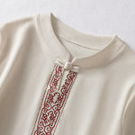 Buddha Stones Summer Tang Style Frog Button Embroidery Vines Solid Women's Short Sleeve Shirts