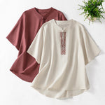 Buddha Stones Summer Tang Style Frog Button Embroidery Vines Solid Women's Short Sleeve Shirts
