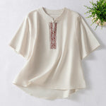 Buddha Stones Summer Tang Style Frog Button Embroidery Vines Solid Women's Short Sleeve Shirts