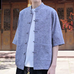 Buddha Stones Summer Tang Style Mandarin Collar Frog Button Solid Men's Short Sleeve Shirts With Pocket