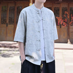 Buddha Stones Summer Tang Style Mandarin Collar Frog Button Solid Men's Short Sleeve Shirts With Pocket