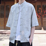 Buddha Stones Summer Tang Style Mandarin Collar Frog Button Solid Men's Short Sleeve Shirts With Pocket