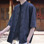 Buddha Stones Summer Tang Style Mandarin Collar Frog Button Solid Men's Short Sleeve Shirts With Pocket