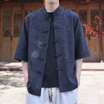 Buddha Stones Summer Tang Style Mandarin Collar Frog Button Solid Men's Short Sleeve Shirts With Pocket
