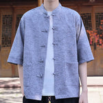 Buddha Stones Summer Tang Style Mandarin Collar Frog Button Solid Men's Short Sleeve Shirts With Pocket