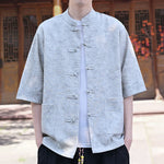 Buddha Stones Summer Tang Style Mandarin Collar Frog Button Solid Men's Short Sleeve Shirts With Pocket