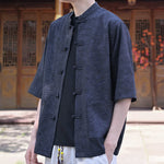 Buddha Stones Summer Tang Style Mandarin Collar Frog Button Solid Men's Short Sleeve Shirts With Pocket