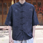 Buddha Stones Summer Tang Style Mandarin Collar Frog Button Solid Men's Short Sleeve Shirts With Pocket