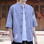 Buddha Stones Summer Tang Style Mandarin Collar Frog Button Solid Men's Short Sleeve Shirts With Pocket