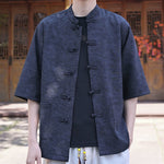 Buddha Stones Summer Tang Style Mandarin Collar Frog Button Solid Men's Short Sleeve Shirts With Pocket