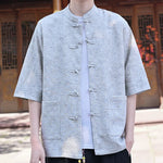 Buddha Stones Summer Tang Style Mandarin Collar Frog Button Solid Men's Short Sleeve Shirts With Pocket