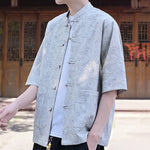 Buddha Stones Summer Tang Style Mandarin Collar Frog Button Solid Men's Short Sleeve Shirts With Pocket