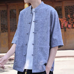 Buddha Stones Summer Tang Style Mandarin Collar Frog Button Solid Men's Short Sleeve Shirts With Pocket