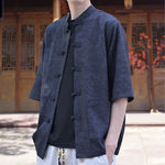 Buddha Stones Summer Tang Style Mandarin Collar Frog Button Solid Men's Short Sleeve Shirts With Pocket