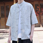 Buddha Stones Summer Tang Style Mandarin Collar Frog Button Solid Men's Short Sleeve Shirts With Pocket