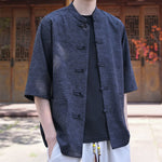 Buddha Stones Summer Tang Style Mandarin Collar Frog Button Solid Men's Short Sleeve Shirts With Pocket