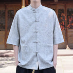 Buddha Stones Summer Tang Style Mandarin Collar Frog Button Solid Men's Short Sleeve Shirts With Pocket