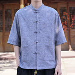 Buddha Stones Summer Tang Style Mandarin Collar Frog Button Solid Men's Short Sleeve Shirts With Pocket