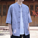 Buddha Stones Summer Tang Style Mandarin Collar Frog Button Solid Men's Short Sleeve Shirts With Pocket