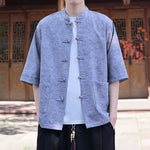 Buddha Stones Summer Tang Style Mandarin Collar Frog Button Solid Men's Short Sleeve Shirts With Pocket