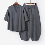Buddha Stones 2Pcs Spring Summer Casual Tang Style Drawstring Solid Shirt Cropped Pants Men's Meditation Cloth With Pocket