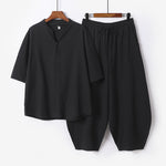 Buddha Stones 2Pcs Spring Summer Casual Tang Style Drawstring Solid Shirt Cropped Pants Men's Meditation Cloth With Pocket