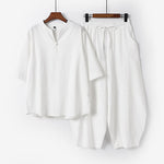 Buddha Stones 2Pcs Spring Summer Casual Tang Style Drawstring Solid Shirt Cropped Pants Men's Meditation Cloth With Pocket