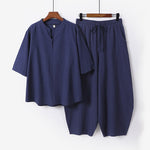 Buddha Stones 2Pcs Spring Summer Casual Tang Style Drawstring Solid Shirt Cropped Pants Men's Meditation Cloth With Pocket