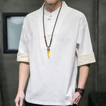 Buddha Stones Summer Tang Style Mandarin Collar Solid Men's Short Sleeve Shirts