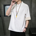 Buddha Stones Summer Tang Style Mandarin Collar Solid Men's Short Sleeve Shirts
