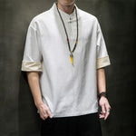 Buddha Stones Summer Tang Style Mandarin Collar Solid Men's Short Sleeve Shirts