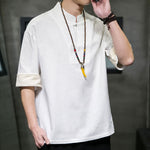 Buddha Stones Summer Tang Style Mandarin Collar Solid Men's Short Sleeve Shirts