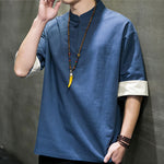Buddha Stones Summer Tang Style Mandarin Collar Solid Men's Short Sleeve Shirts
