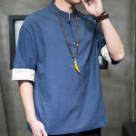 Buddha Stones Summer Tang Style Mandarin Collar Solid Men's Short Sleeve Shirts