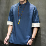 Buddha Stones Summer Tang Style Mandarin Collar Solid Men's Short Sleeve Shirts