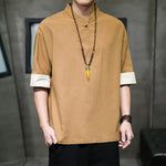 Buddha Stones Summer Tang Style Mandarin Collar Solid Men's Short Sleeve Shirts