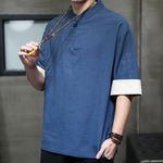 Buddha Stones Summer Tang Style Mandarin Collar Solid Men's Short Sleeve Shirts