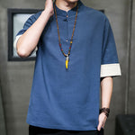 Buddha Stones Summer Tang Style Mandarin Collar Solid Men's Short Sleeve Shirts