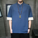 Buddha Stones Summer Tang Style Mandarin Collar Solid Men's Short Sleeve Shirts