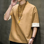 Buddha Stones Summer Tang Style Mandarin Collar Solid Men's Short Sleeve Shirts