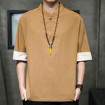 Buddha Stones Summer Tang Style Mandarin Collar Solid Men's Short Sleeve Shirts