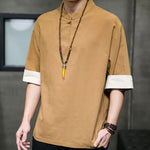 Buddha Stones Summer Tang Style Mandarin Collar Solid Men's Short Sleeve Shirts