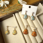 Buddha Stones Song Brocade Pearl Gourd Healing Handmade Stud Dangle Earrings