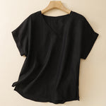 Buddha Stones Summer Casual Minimalist Side Slit Solid V-Neck Women's Short Sleeve T-Shirts