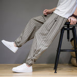 Buddha Stones Summer Casual Drawstring Striped Cropped Pants Men's Harem Pants With Pockets