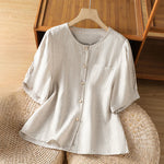 Buddha Stones Summer Casual Minimalist Button-Up Solid Women's Short Sleeve Shirts With Patch Pocket