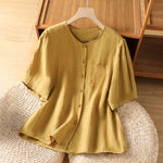Buddha Stones Summer Casual Minimalist Button-Up Solid Women's Short Sleeve Shirts With Patch Pocket