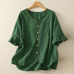 Buddha Stones Summer Boho Casual Button-up Solid Ruffle Bell Sleeve Women's Short Sleeve Shirts